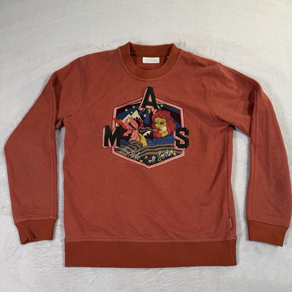 Scotch & Soda Men's Medium Amsterdam Art Graphic Crewneck Sweatshirt Rust‎ Red